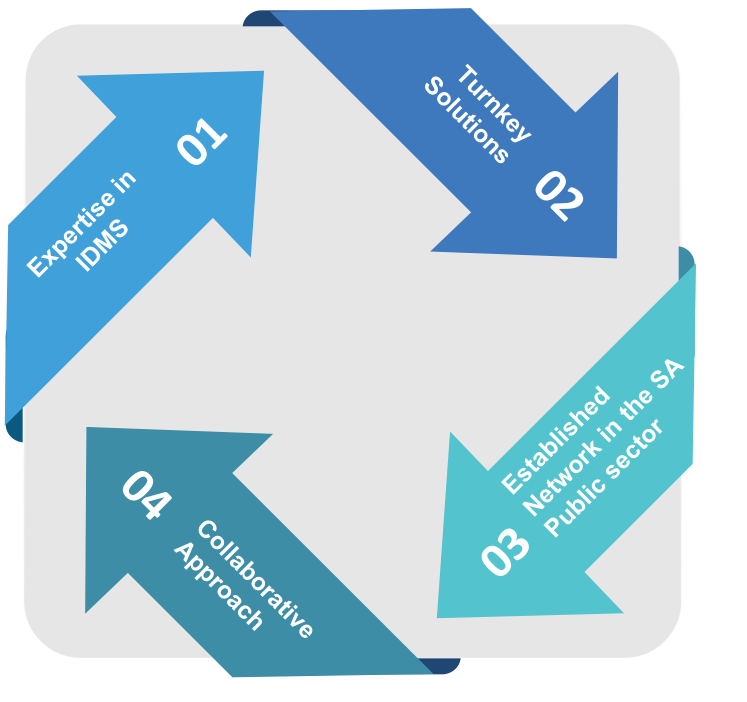 BlueIQ Services value proposition showing IDMS expertise, turnkey solutions, established network in the South African public sector, and collaborative approach